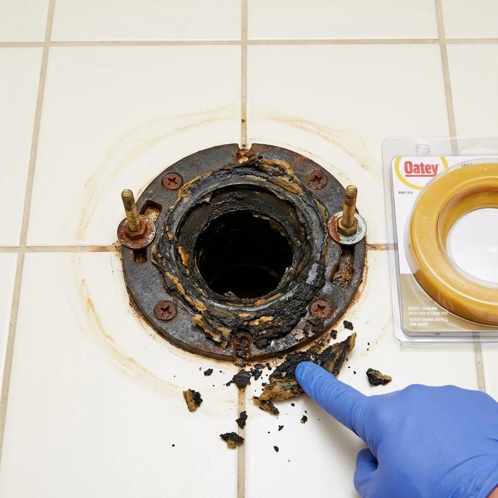 Failed wax ring showing water seepage at the base of a toilet in a Texarkana, TX home