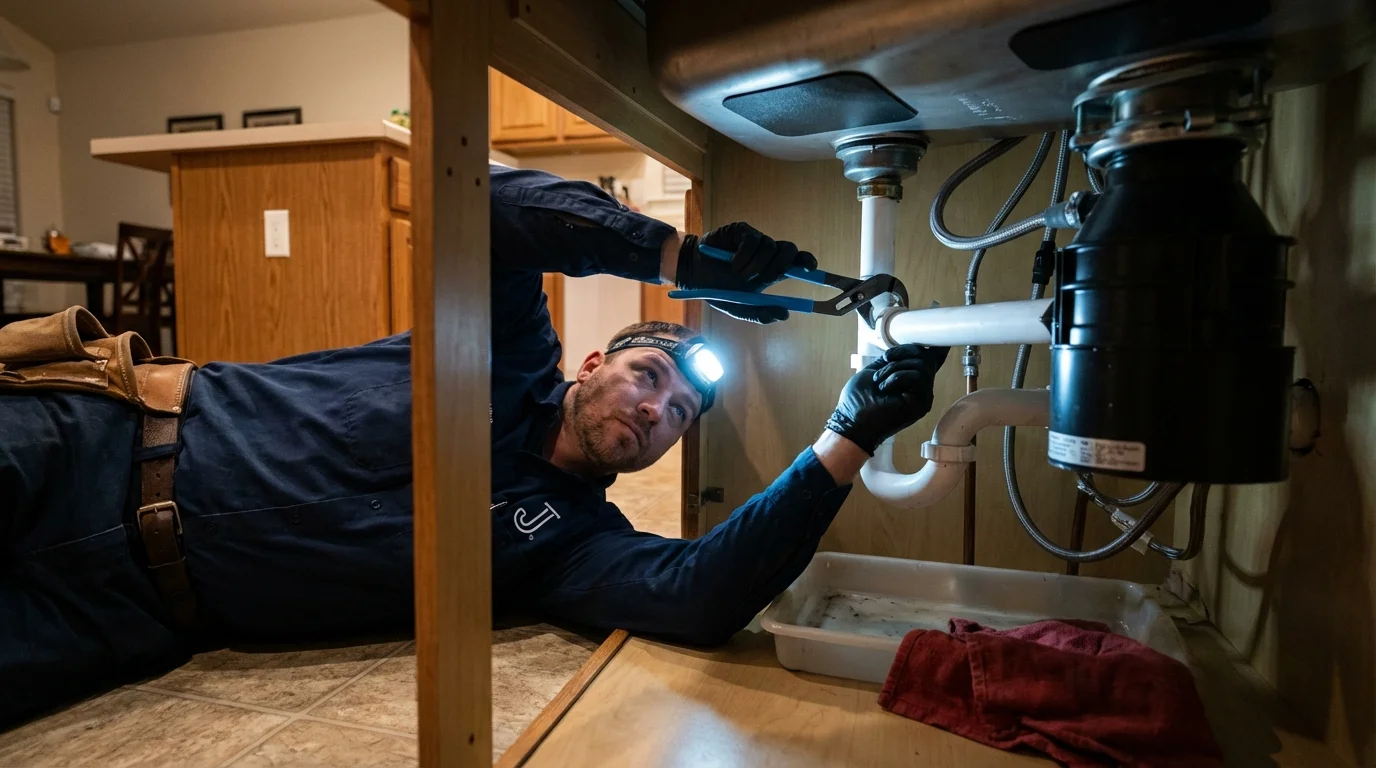 P-trap and supply line connections under a kitchen sink showing a common leak point in Texarkana, TX